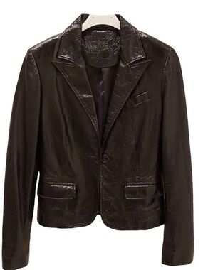 Vintage GUESS Black Leather Fitted Blazer Jacket – Edgy Rocker Chic, Size M